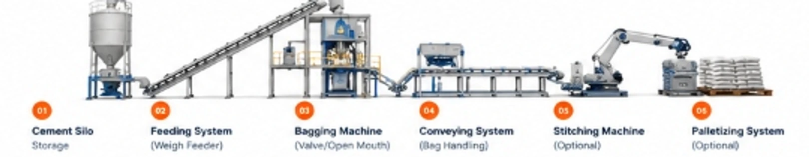 Typical Cement Packing Plant Process Flow from Raw Material Silo to Packed Palletized Bags