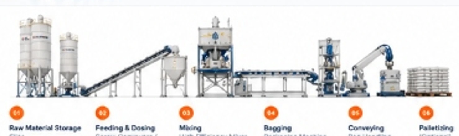 Typical Drymix Mortar Plant Process Flow from Raw Material Silos to Packed Bags