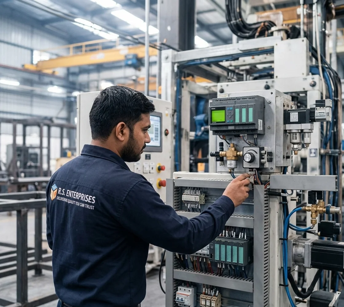 R.S. Enterprises senior manufacturing engineer testing automated industrial PLC machine control panel in workshop