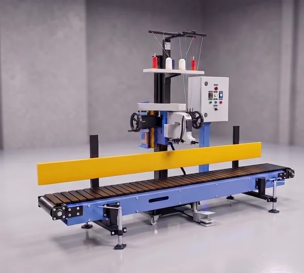 R.S. Enterprises heavy-duty industrial bag stitching and sealing station with synchronization conveyor